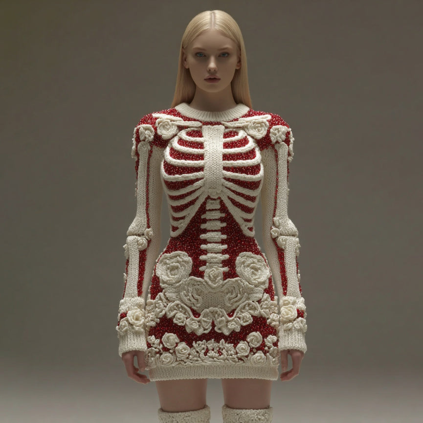 Comstylish Women's Vintage Halloween Skeleton Bones Rose Art Cozy Knit Mini Sweater Dress