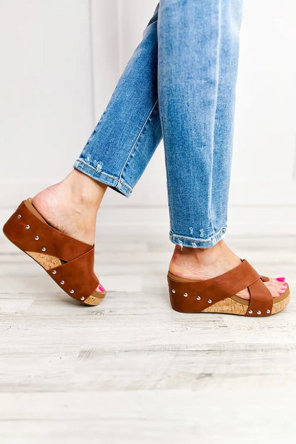 Studded Chestnut Wedge Slippers