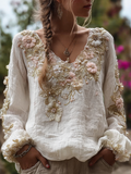 Bohemian Style Three-dimensional Flower Pattern Women's V-neck Long-sleeve Cotton And Linen Shirt elevenforest