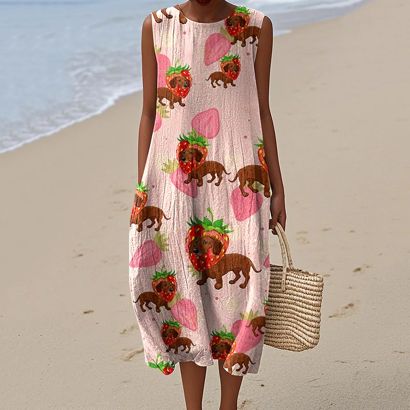 Retro Cute Dachshund  Sausage Dog Art Linen Tank Midi Dress elevenforest