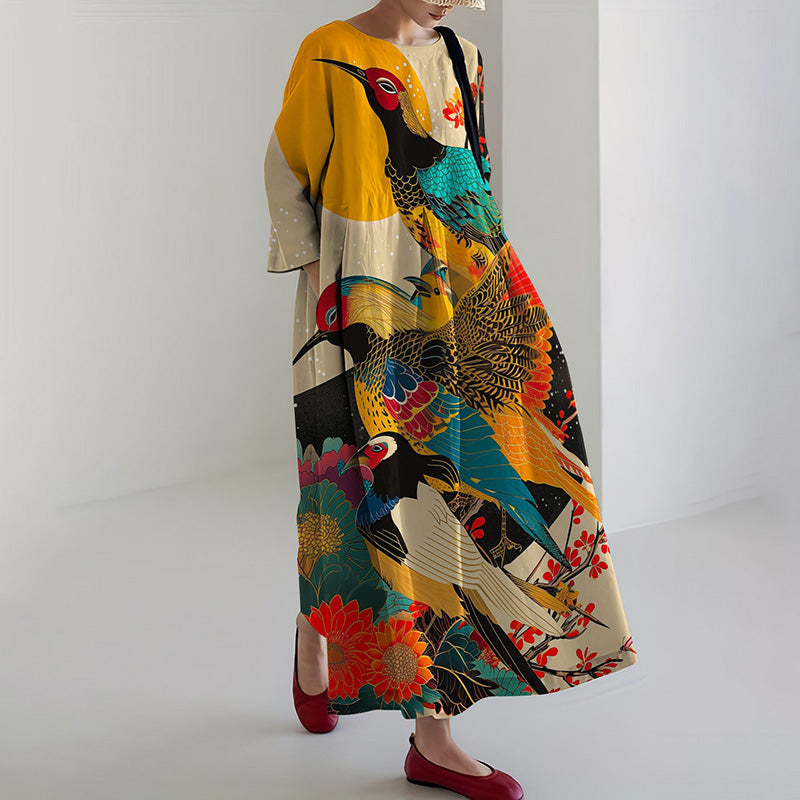 Comstylish Women's Retro Japanese Floral And Bird Art Print Midi Dress