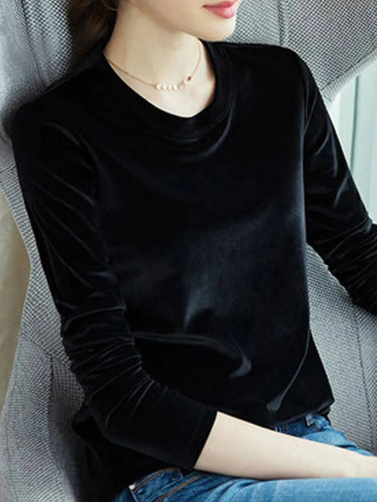 Spring Long Sleeve Loose Early Autumn T-shirt Gold Velvet Short Paragraph Bottoming Shirt New Top