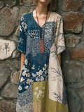 Japanese Art Retro Geometric Patchwork Plant Flower Print Women's V-neck Cotton And Linen Dress elevenforest