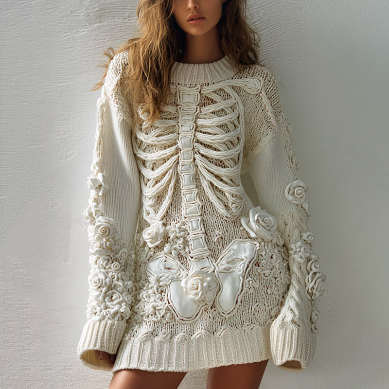 Women's Hot Sexy Style Halloween Skeleton Bones Leather With Rose Pattern Art Cozy Knit Mini Sweater Dress elevenforest