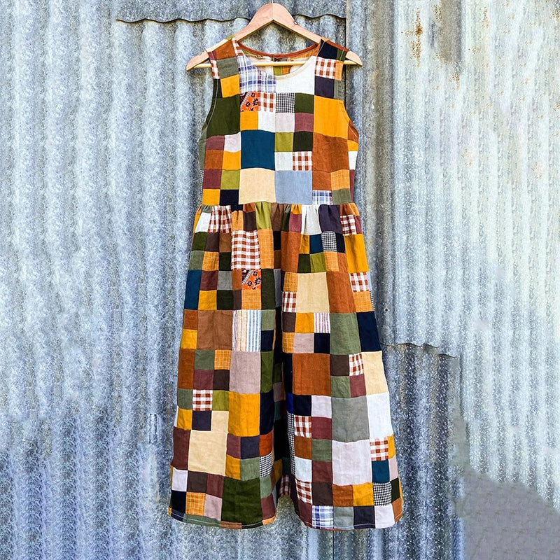 Women's Vintage Color Block Patchwork Cotton And Linen Dress elevenforest