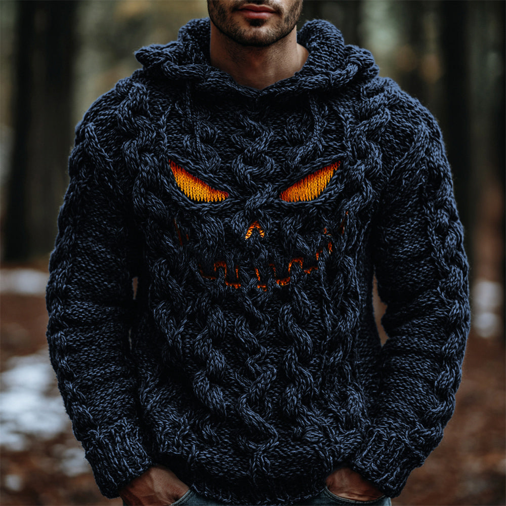 Halloween Evil Pumpkin Emoji Men's Chunky Knit Hooded Sweater elevenforest