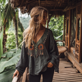 Boho Sunflower Tribal Embroidery Print Cotton And Linen Blend Loose Blouse elevenforest