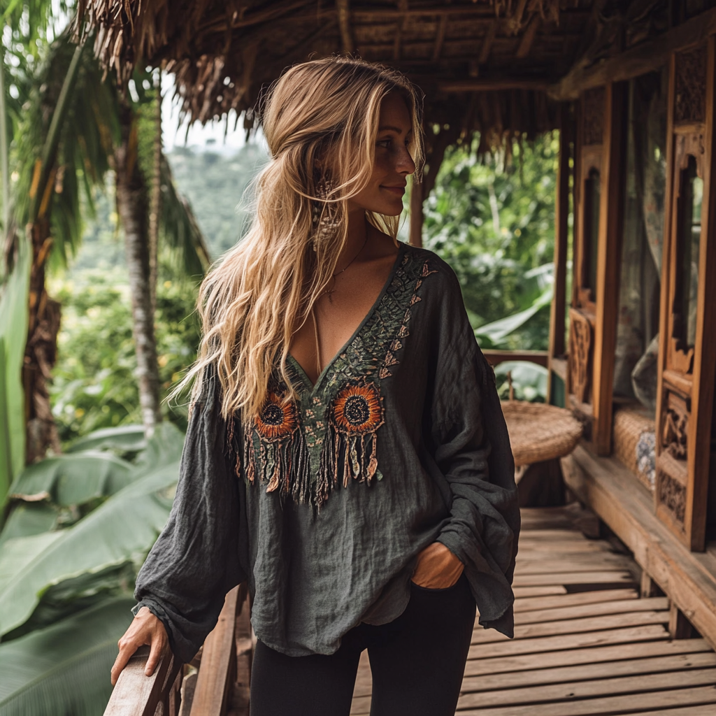 Boho Sunflower Tribal Embroidery Print Cotton And Linen Blend Loose Blouse elevenforest