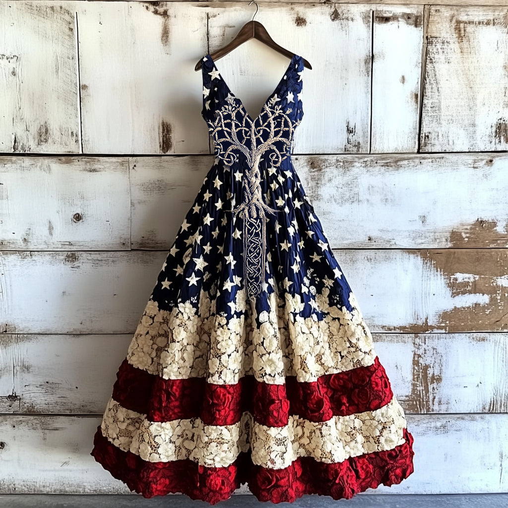 Women's Vintage Independence Day With Life Of Tree Art Linen Midi Dress elevenforest