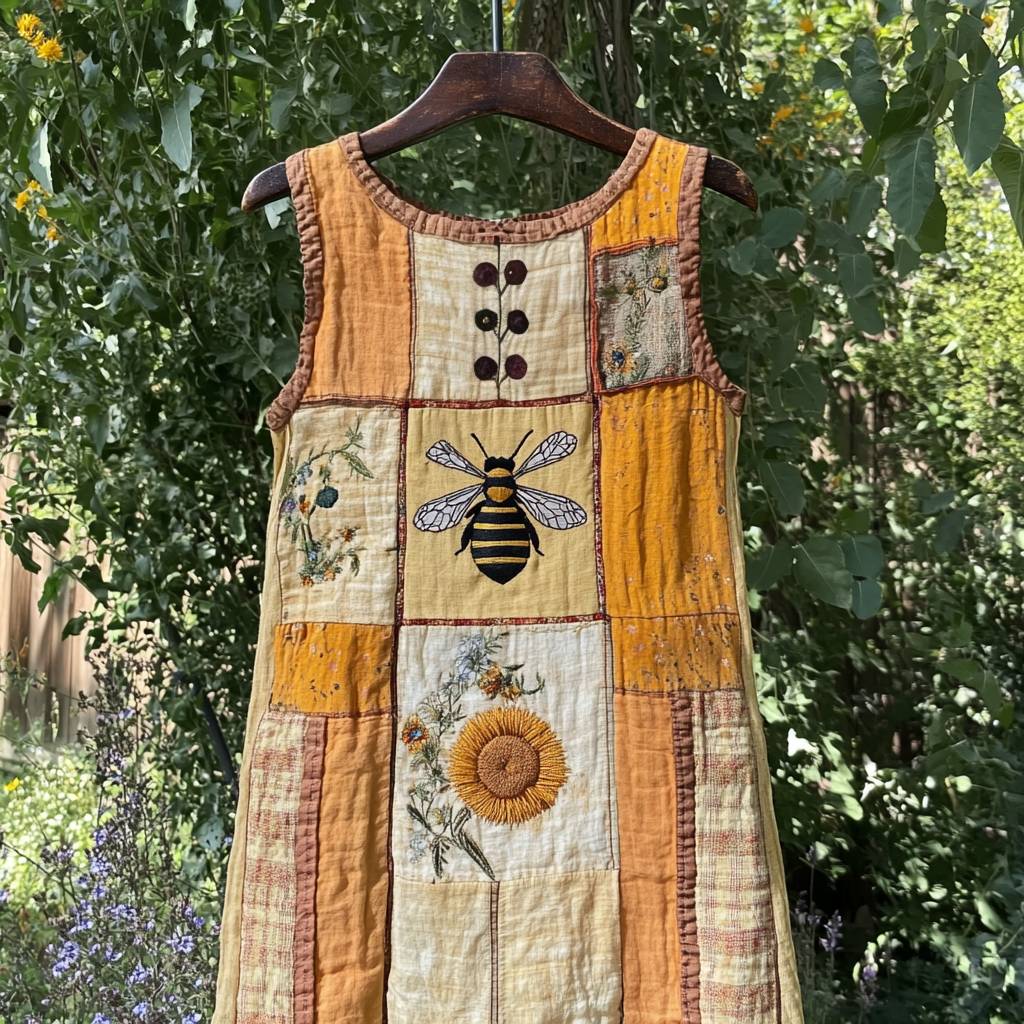 Women's Vintage Bee And Sunflower Art Print Sleeveless Dress elevenforest
