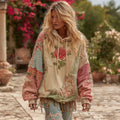 Women's Vintage Floral Patchwork Print Long Sleeve Casual Hoodie elevenforest