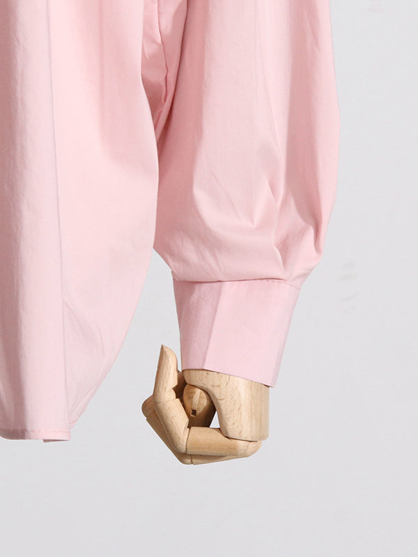 Long Sleeves Loose Asymmetric Buttoned Pleated Color Split-joint Three-dimensional Flower Lapel Blouses&shirts Tops