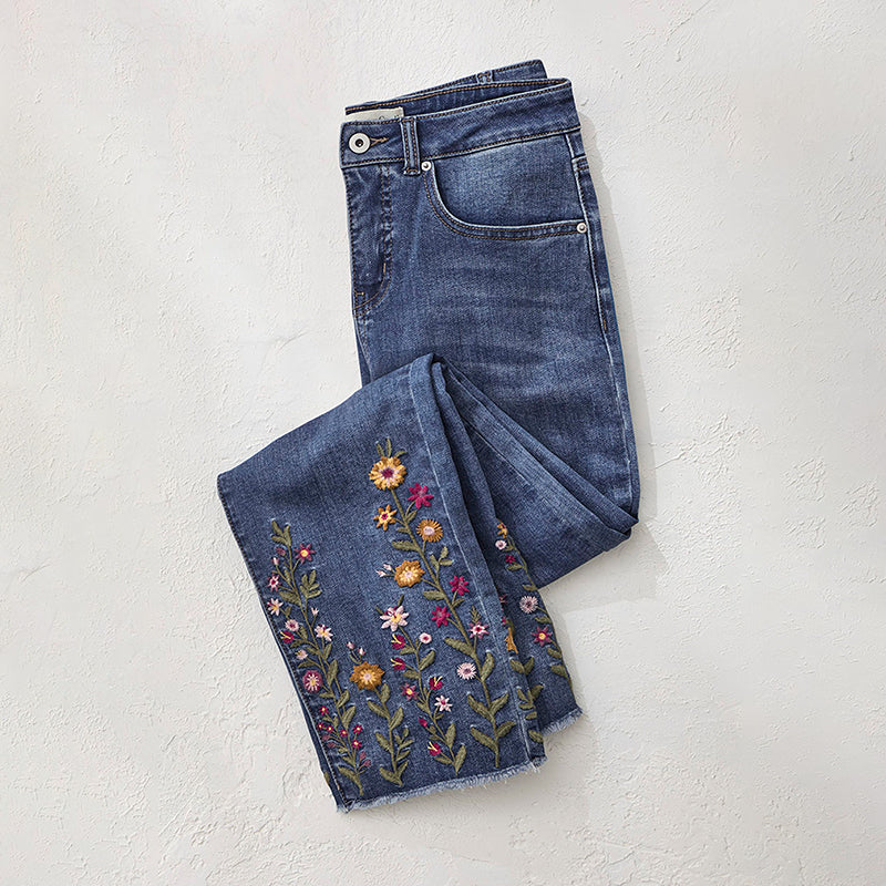 Vintage Walk In The Wildflowers Embroidery Art Design Jeans elevenforest
