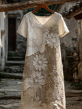 Vintage Floral Lace Embroidered V Neck Linen Midi Dress elevenforest
