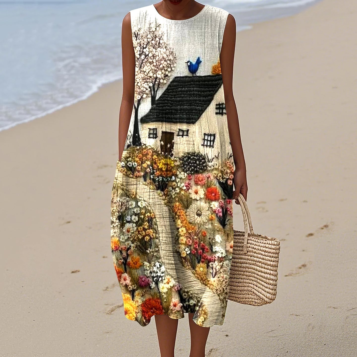 Vintage Loose  Hometown Rural Farm Bird Art Sleeveless Cotton And Linen Tank Dress elevenforest