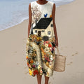 Vintage Loose  Hometown Rural Farm Bird Art Sleeveless Cotton And Linen Tank Dress elevenforest