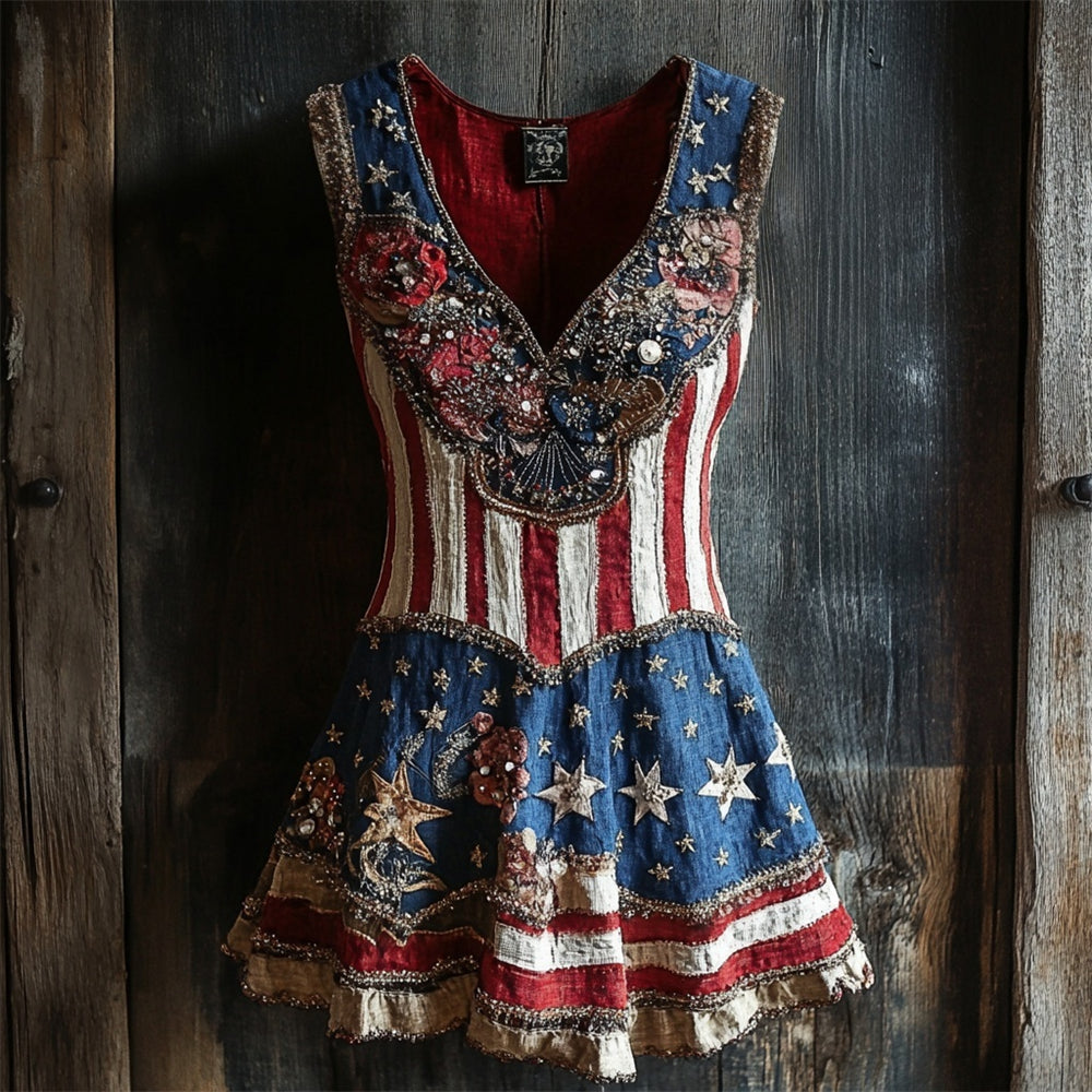 Independence Day & Sequins Floral Hand Embroidered Women's Vest Mini Dress elevenforest