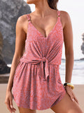 Red Flower Print V-Neck Bra Pantskirt Bikini Set