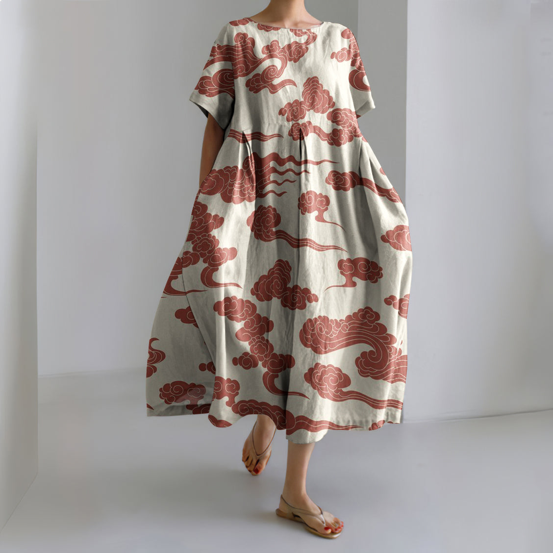 Japanese Art Cloud Print Loose Casual Midi Dress elevenforest