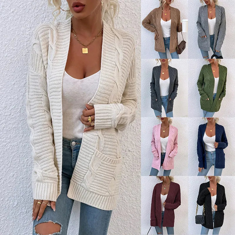Sweater Autumn Winter New Twist Mid-length Pocket Knitted Cardigan Coat