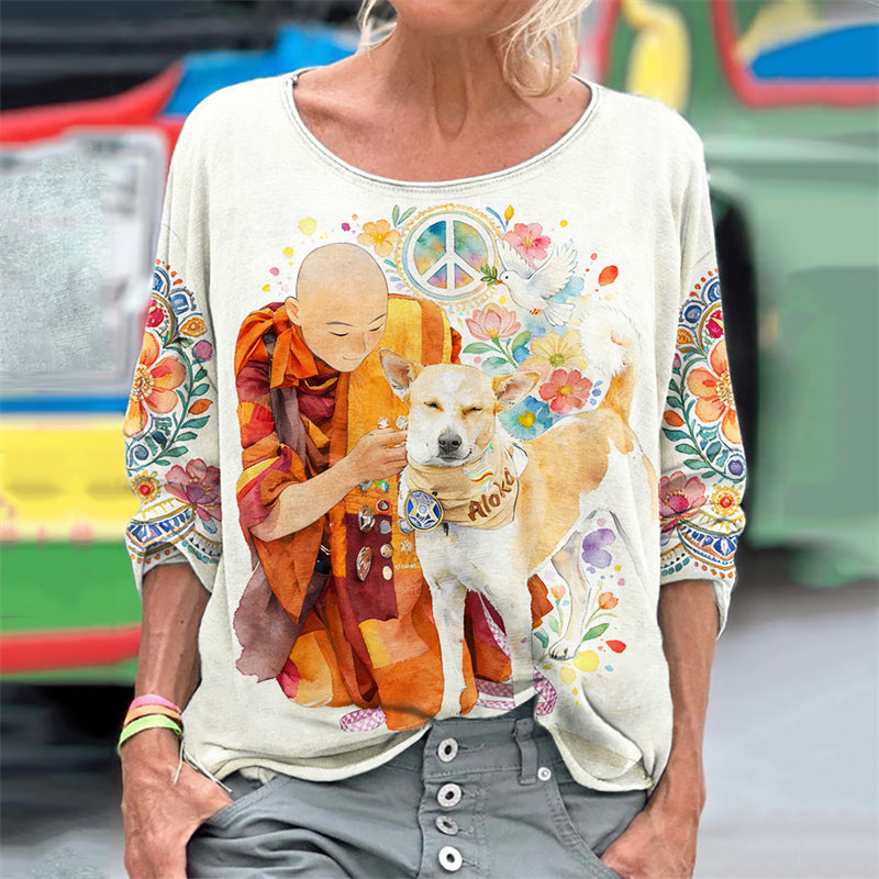 Comstylish Walk For Peace Aloka & Monk Floral Watercolor Art T Shirt
