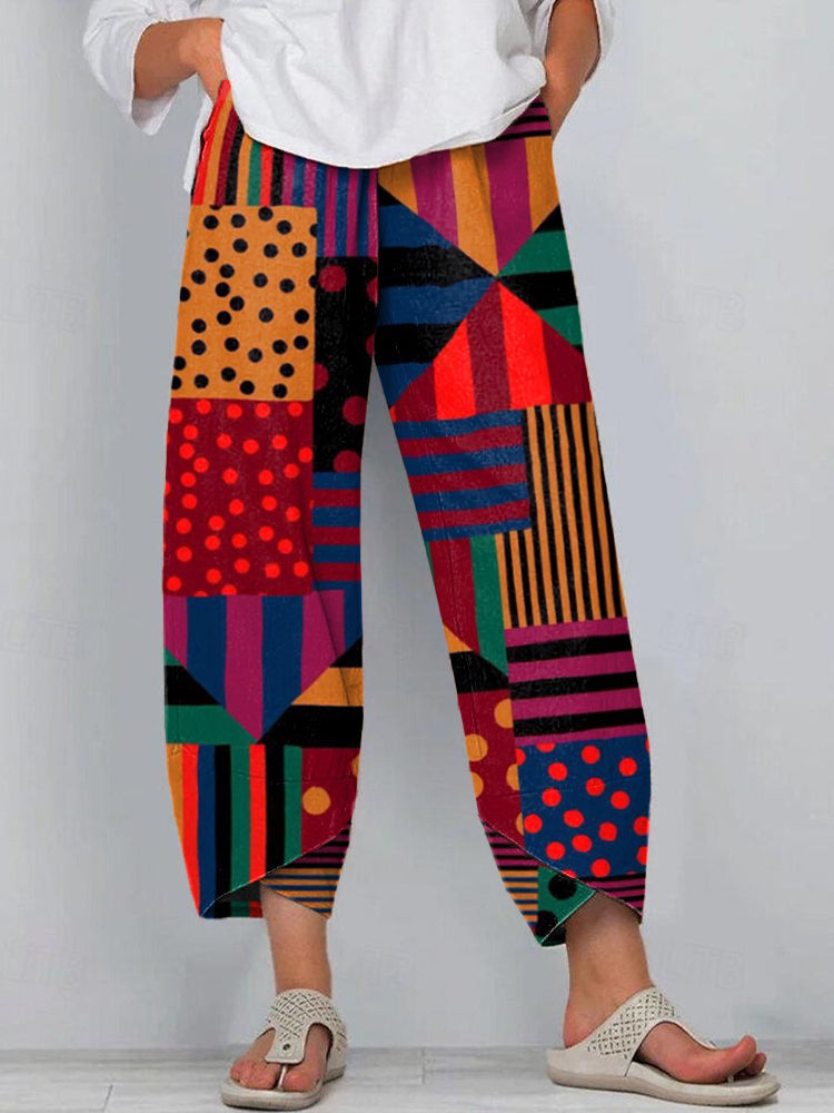 Women's Vintage Geometric Pattern Linen Blend Pants elevenforest