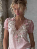 Vintage Pink Boho Roses Art Comfy Linen T Shirt elevenforest