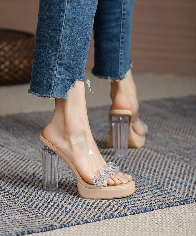 Beige Chunky Clear High Heel Slippers Peep Toe Platform Heels Lc0192