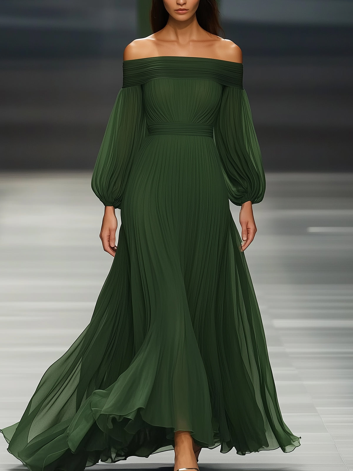 Shipping Off-shoulder Green Chiffon Maxi Dress