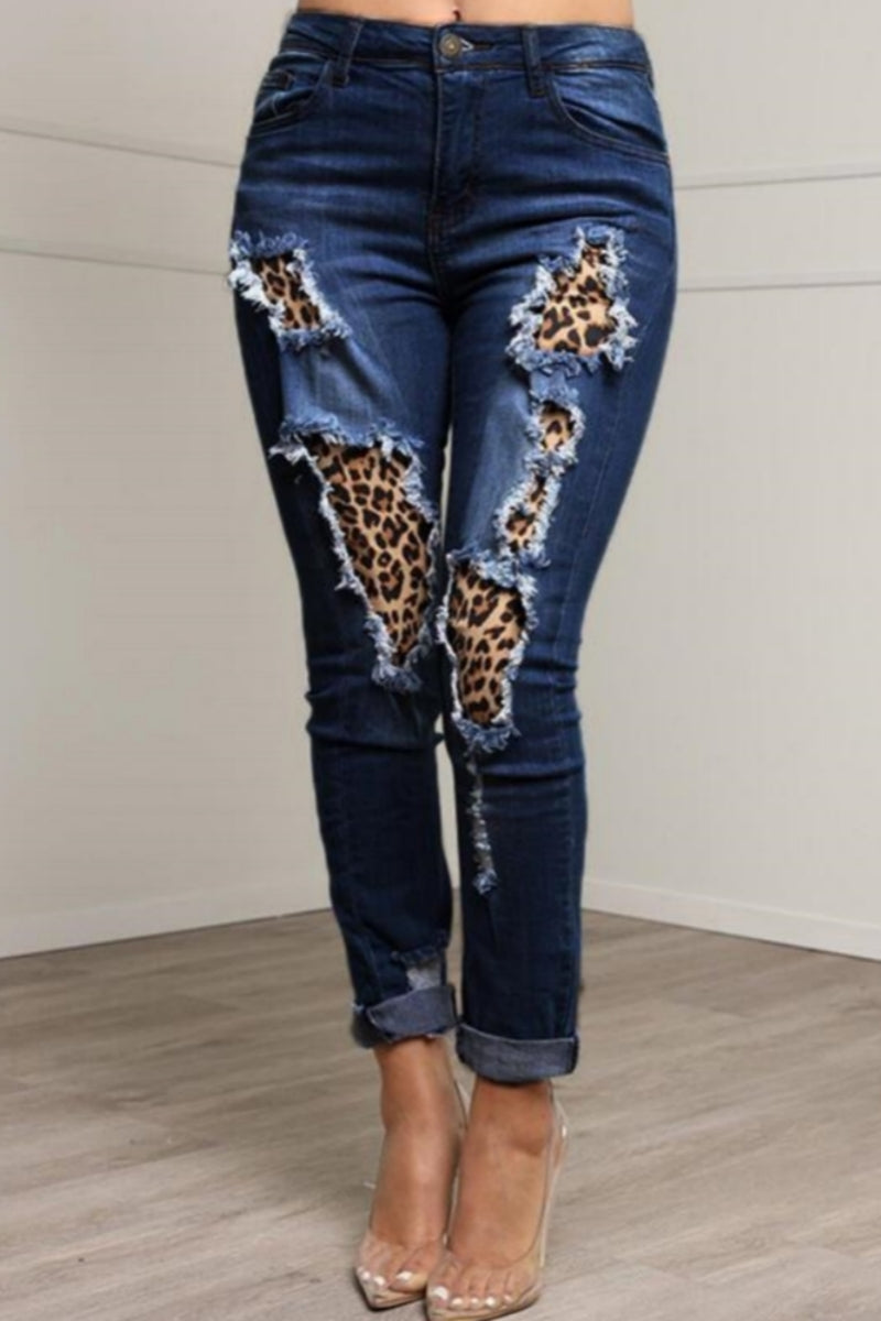 Patchwork Ripped Patch Mid Waist Regular Denim Jeans