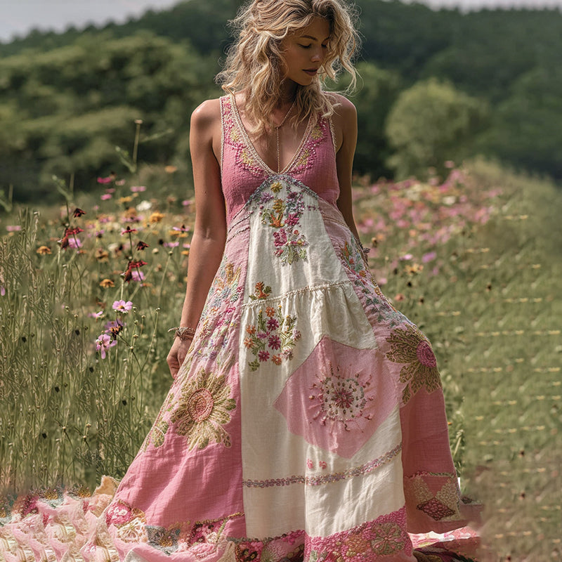 Women's Embroidered Quilted Beaded Patchwork Maxi Dress elevenforest