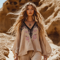 Casual Ethnic Style Embroidered Linen Round Neck Long Sleeve Shirt elevenforest