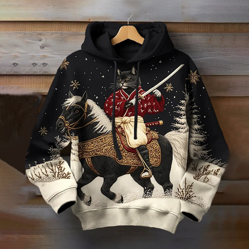 Men's Christmas Black Cat Warrior Print Hoodie elevenforest