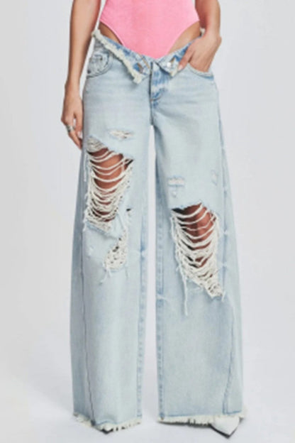 Ripped Patchwork Mid Waist Regular Denim Jeans (subject to the Actual Object)(5 Colors)