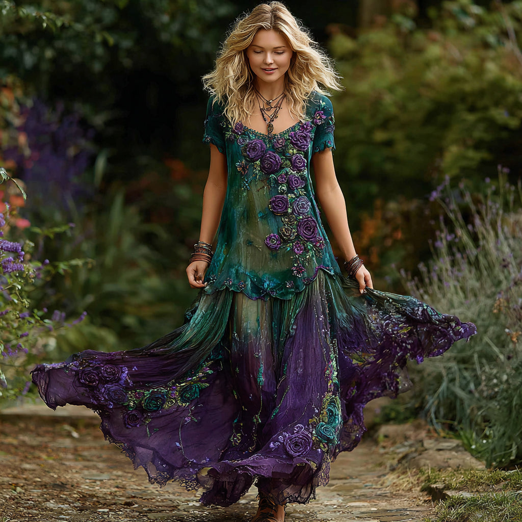 Women's Vintage Purple Rose Pattern Round Neck Dress elevenforest