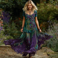 Women's Vintage Purple Rose Pattern Round Neck Dress elevenforest