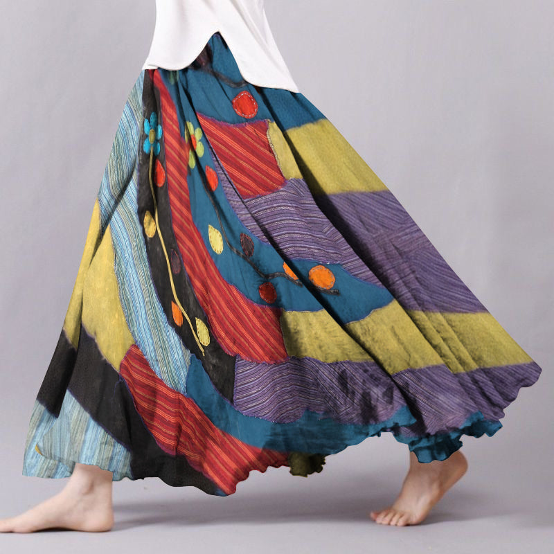 Vintage Boho Color Block Flowy Wide Skirt elevenforest