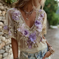Women's Purple Flower Embroidery Art V-neck Short Sleeve Linen Blend T-shirt elevenforest