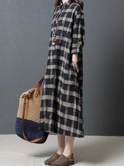 Loose Plaid Ramie Cotton Blouse Midi Dresses