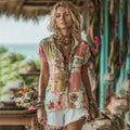 Women's Vintage Floral Art Patchwork Confy Short Sleeve Shirt elevenforest