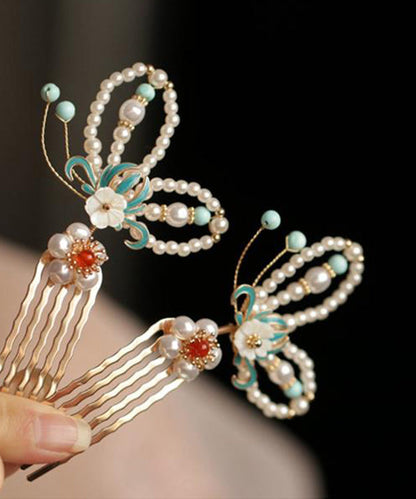 Colorblock Copper Pearl Crystal Cloisonne Butterfly Hairpin