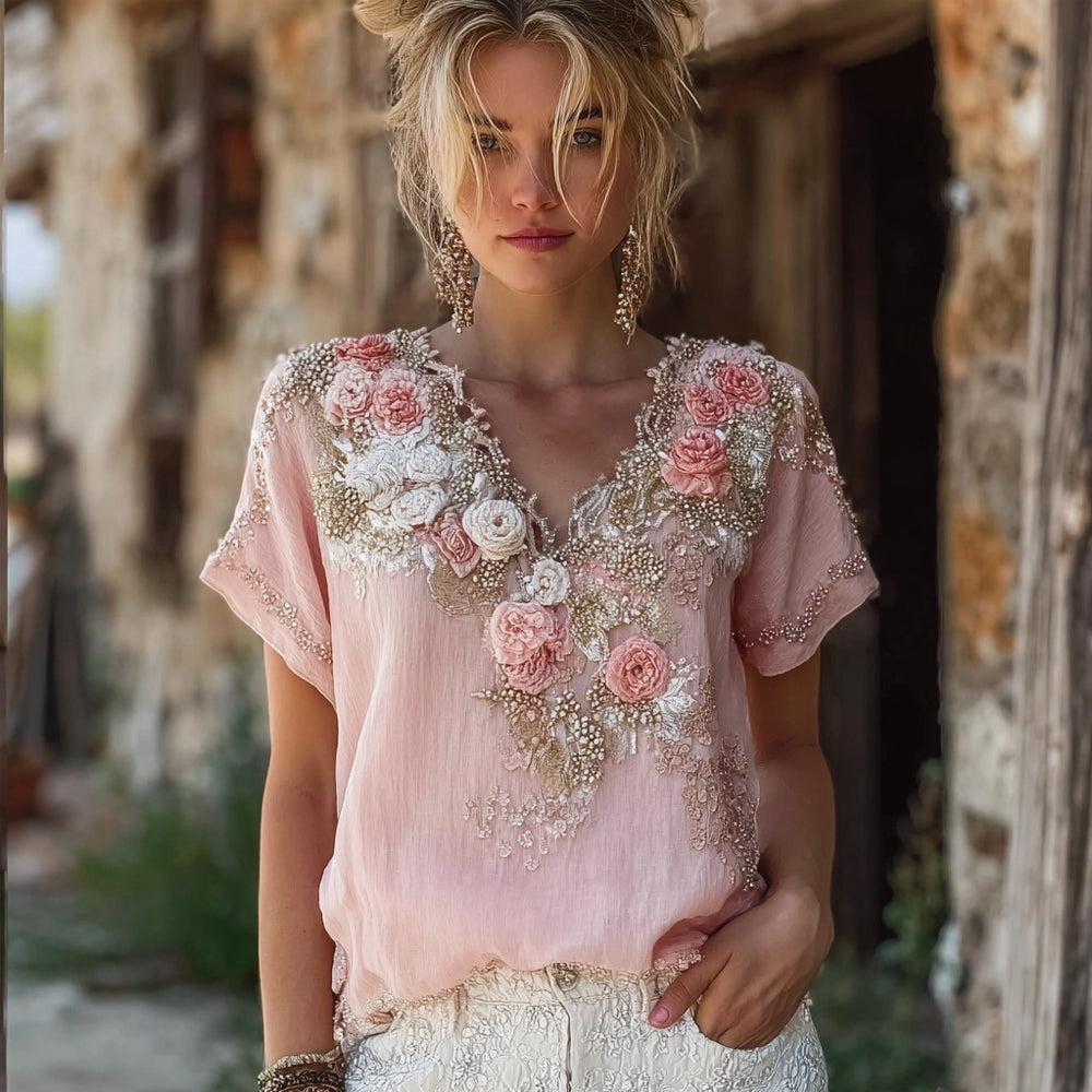 Vintage Boho Pink Roses Embroidered Linen T Shirt elevenforest
