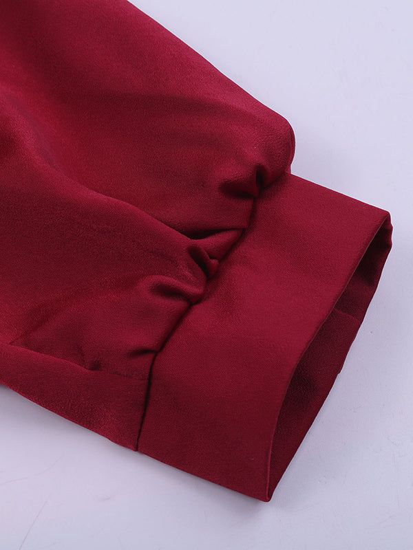 Loose Puff Sleeves Pleated Color Split-joint Stand Collar Blouses