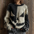 Women's Vintage Halloween Angry Pumpkin Face Patchwork Cozy Pullover Knit Sweater elevenforest