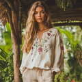 Retro Bohemian Floral Embroidery Art Graphics Casual Linen Blend Blouse elevenforest
