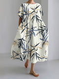 Japanese Art Bamboo Print Short Sleeve Casual Midi Dress