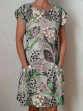 Women's Classic Floral Pattern Vintage Cotton and Linen Dress with Pockets