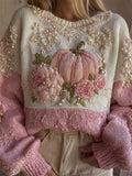 Thanksgiving Pumpkin Pink Floral Beaded Contrast Cozy Knit Sweater elevenforest