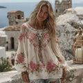Women's Vintage Floral Art Linen T-shirt elevenforest