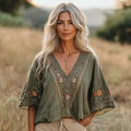 Women's Bohemian Retro Flowers Linen Blend Cozy T-shirt elevenforest